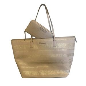 Kate Spade NY Haven Lane Hani Glitter Stripe Taupe Gold Shoulder Tote Bag